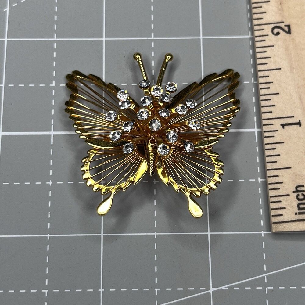 Vintage Gold Tone Butterfly Brooch Clear Rhinestone Pin Statement Jewelry